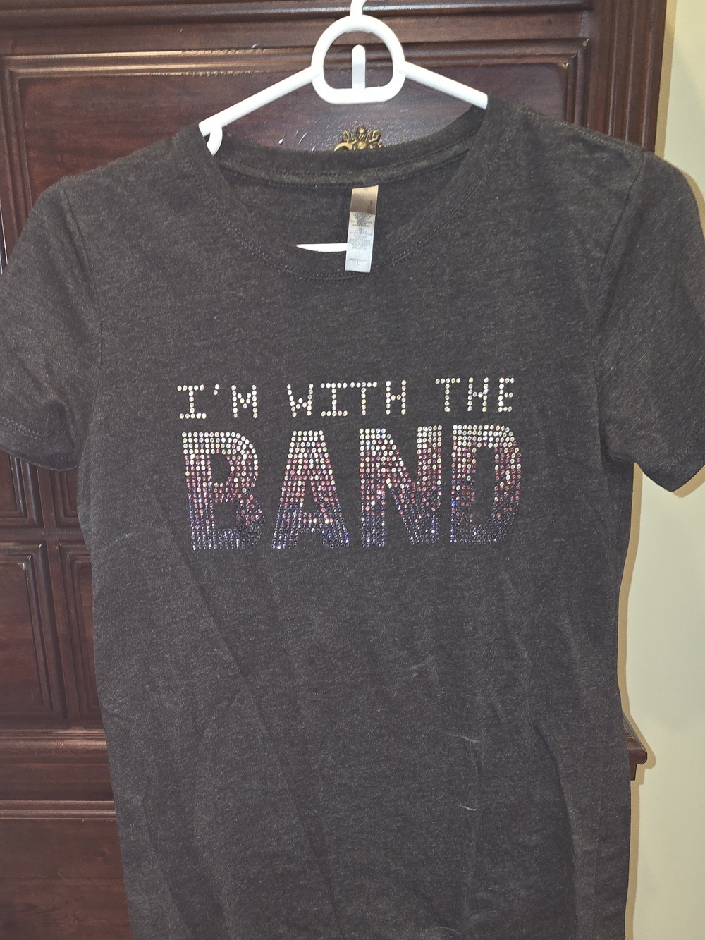 Charcoal Short Sleeve Tee w Multicolor Rhinestone 'I'M WITH THE BAND'